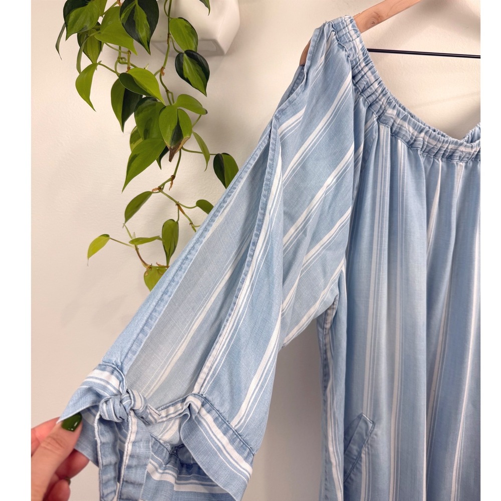 Standard Grace Blue White Lyocell Off Shoulder Shift Dress XL Boho Coastal Beach - Picture 3 of 9